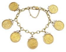 9ct gold cable link bracelet with six King George V gold half sovereigns dated 1911