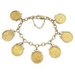 9ct gold cable link bracelet with six King George V gold half sovereigns dated 1911