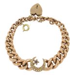 Victorian 9ct rose gold split pearl and sapphire crescent and star graduating curb link bracelet