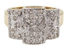 9ct gold pave set diamond chip panel ring