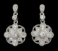 Pair of silver cubic zirconia flower cluster pendant earrings