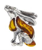 Silver Baltic amber moon gazing hare pendant