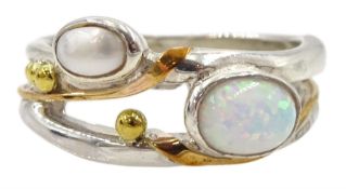 Silver and 14ct gold wire opal and pearl ring