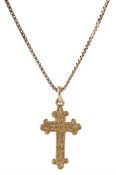 Early 20th century 9ct rose gold cross pendant with engraved floral decoration by G Loveridge & Co