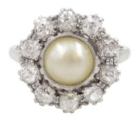 Platinum cultured split pearl and old cut diamond cluster ring