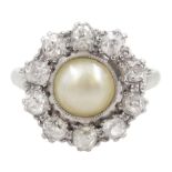 Platinum cultured split pearl and old cut diamond cluster ring