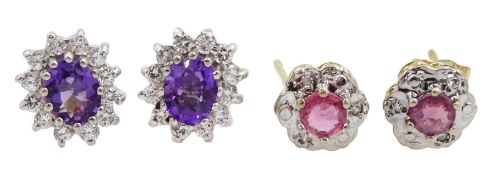 Pair of 9ct gold amethyst and cubic zirconia oval cluster earrings and a pair of ruby and diamond ch