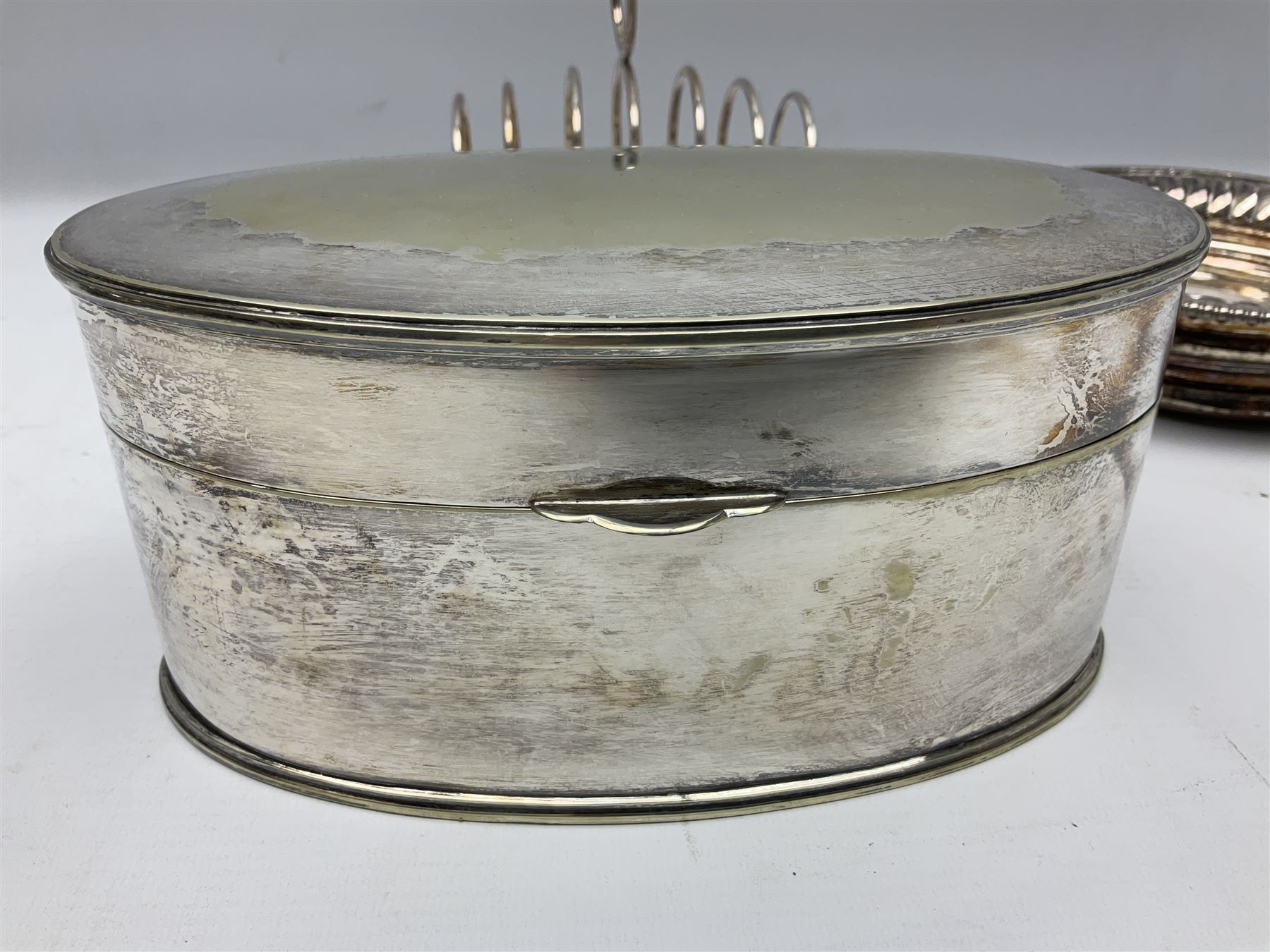 Collection of 19th century and later silver plate to comprising square salver raised on four bracket - Image 7 of 13