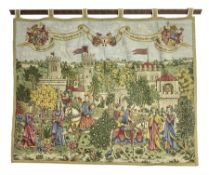 Medieval style German tapestry wall hanging suspended from carved oak pole depicting fairy-tale Rapu