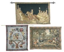 Three tapestries comprising 20th century wool tapestry panel of a medieval nobleman upon a horse wit