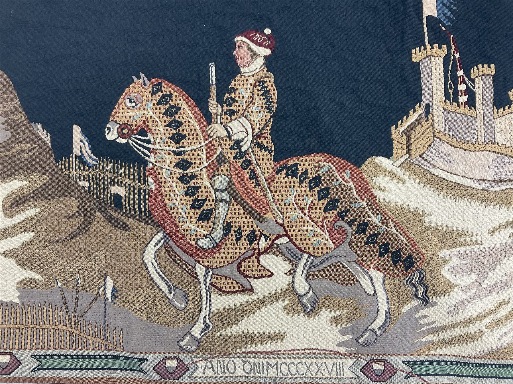 Three tapestries comprising 20th century wool tapestry panel of a medieval nobleman upon a horse wit - Image 9 of 12
