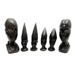 Three graduated pairs of African carved blackwood female busts