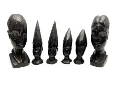 Three graduated pairs of African carved blackwood female busts