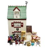 Scratch-built wooden doll's house as a white and green painted two-storey house with furniture H74cm