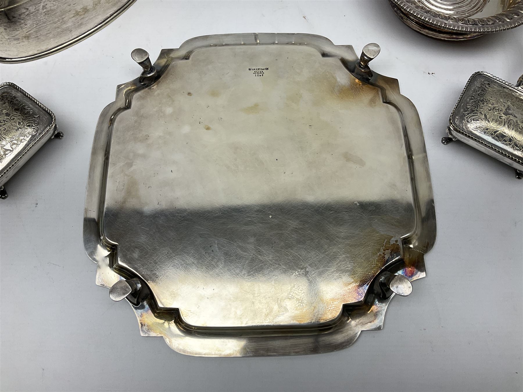 Collection of 19th century and later silver plate to comprising square salver raised on four bracket - Image 3 of 13