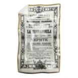 Fornasetti rectangular 'La Sonnambula' operatic poster ashtray decorated with black and white text w