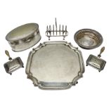 Collection of 19th century and later silver plate to comprising square salver raised on four bracket