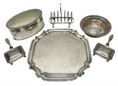 Collection of 19th century and later silver plate to comprising square salver raised on four bracket