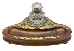 Victorian walnut and fretworked brass trefoil shaped ink stand with inset clear glass hexagonal ink