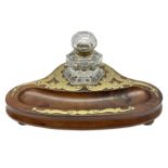 Victorian walnut and fretworked brass trefoil shaped ink stand with inset clear glass hexagonal ink