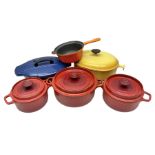 Quantity of Le Creuset cast iron kitchenaelia comprising yellow oval lidded casserole dish