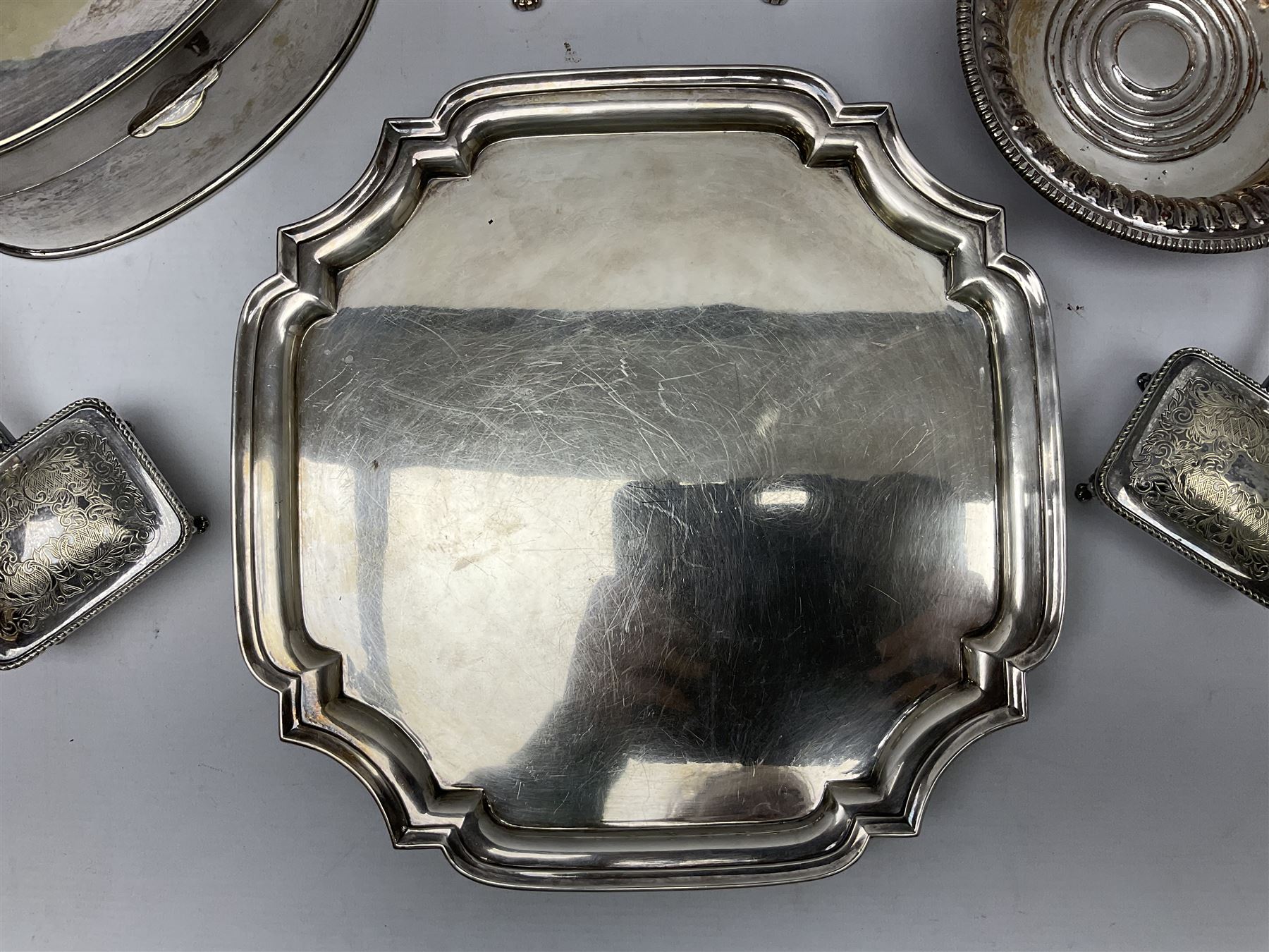Collection of 19th century and later silver plate to comprising square salver raised on four bracket - Image 2 of 13