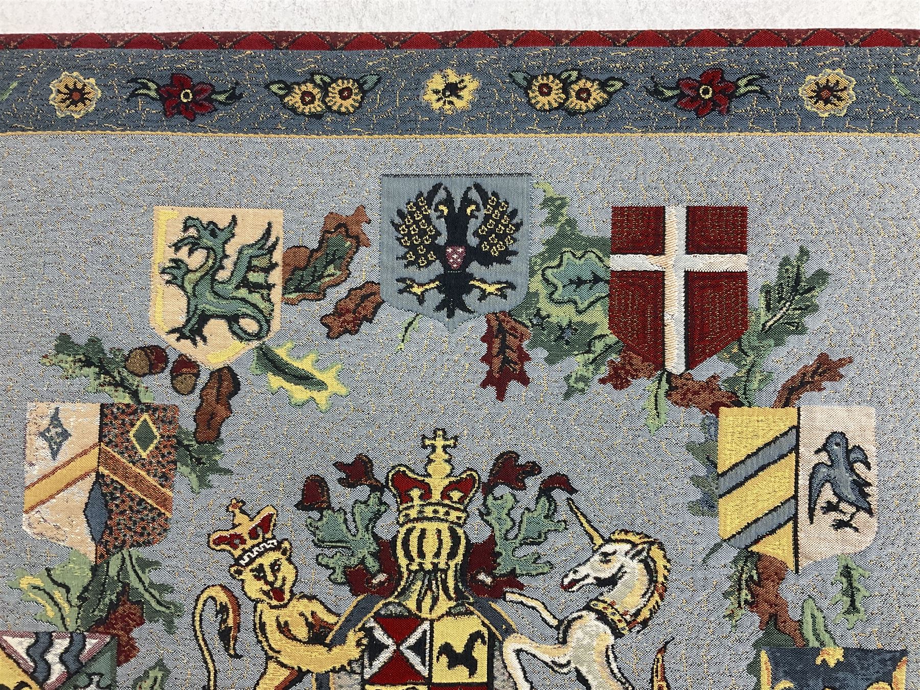 Three tapestries comprising 20th century wool tapestry panel of a medieval nobleman upon a horse wit - Image 5 of 12