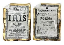 Two Fornasetti rectangular operatic posters ashtrays 'Norma' and 'Iris' decorated with black and whi