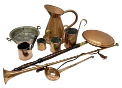 Collection of copper to include graduated set of three brass mounted cider measures