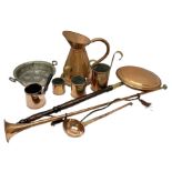 Collection of copper to include graduated set of three brass mounted cider measures