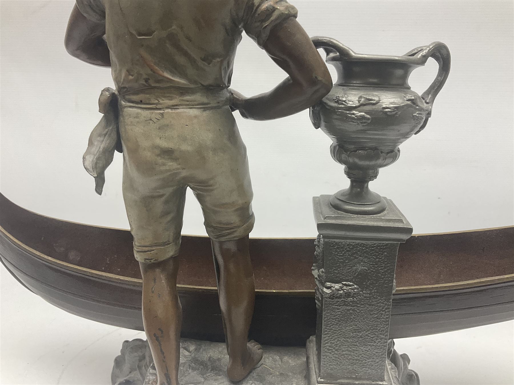 Bronzed and pewter figure group depicting a gentleman stood holding an oar behind his long boat besi - Image 4 of 16