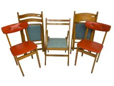 Two side chairs and three folding chairs