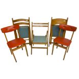 Two side chairs and three folding chairs