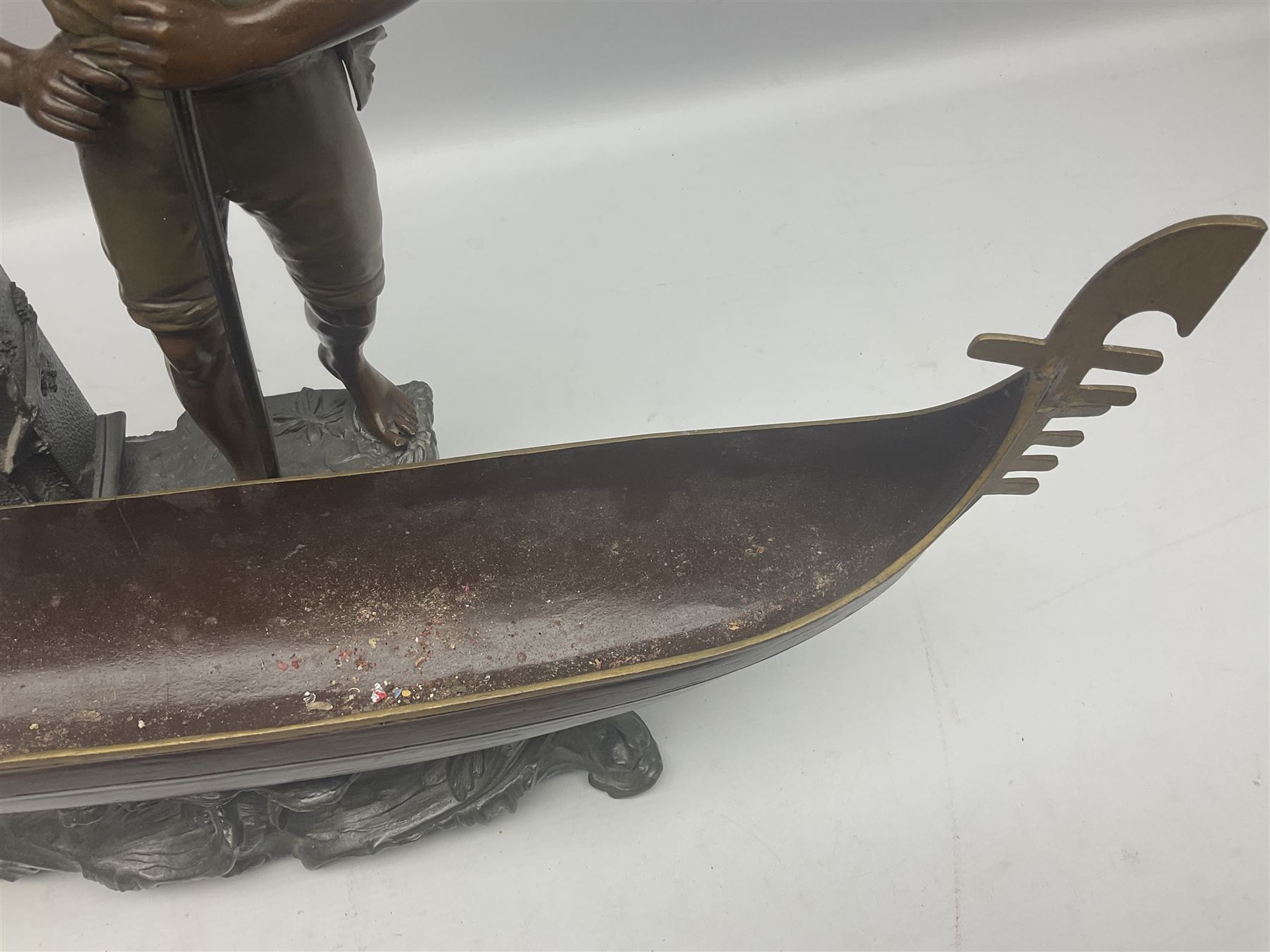 Bronzed and pewter figure group depicting a gentleman stood holding an oar behind his long boat besi - Image 12 of 16