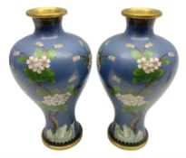 Pair of Chinese cloisonn� vases decorated with birds and blossoming branches upon blue ground
