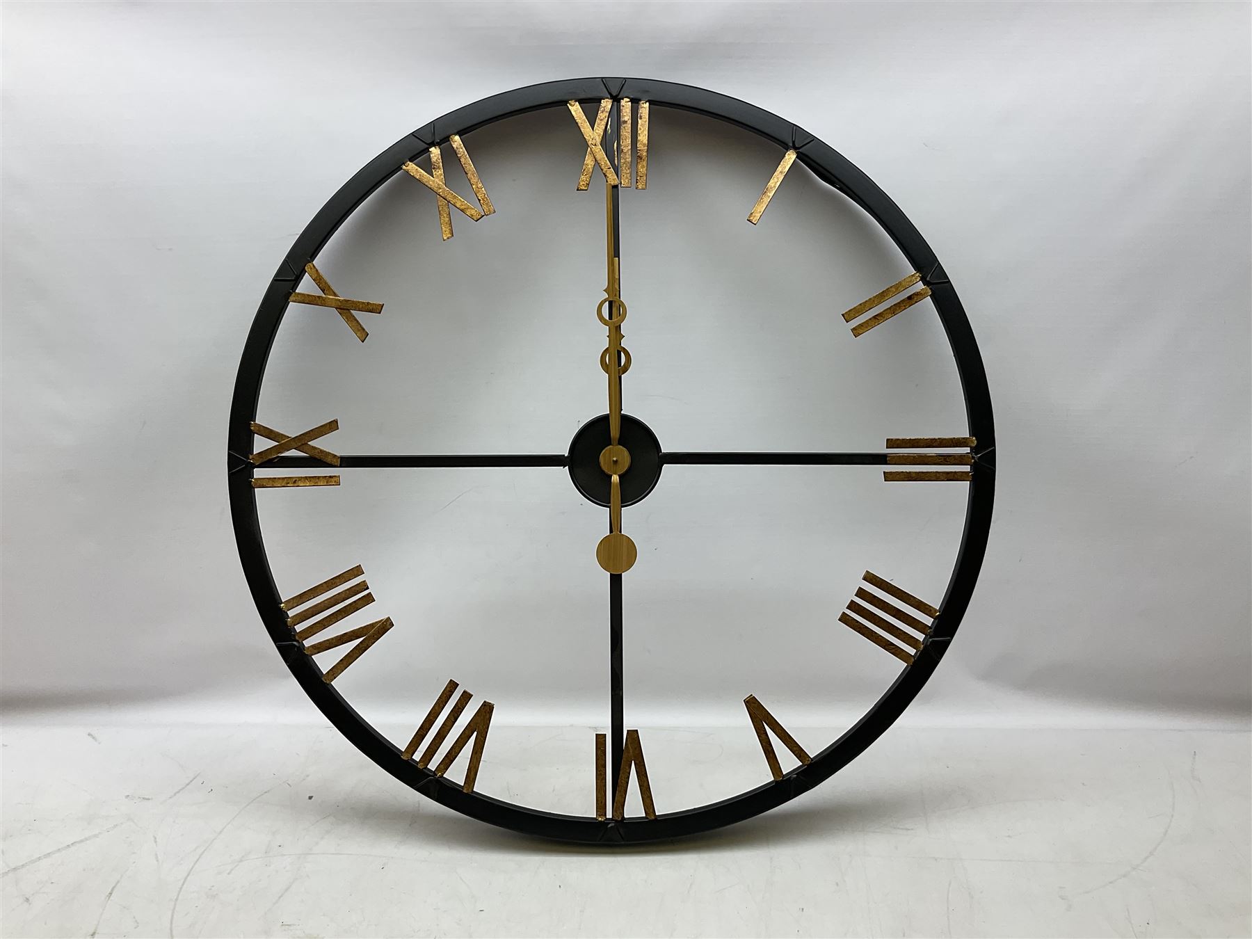 Distressed black and brushed gold metal skeleton station clock - Image 2 of 8