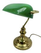Brass bankers style table lamp with green glass shade