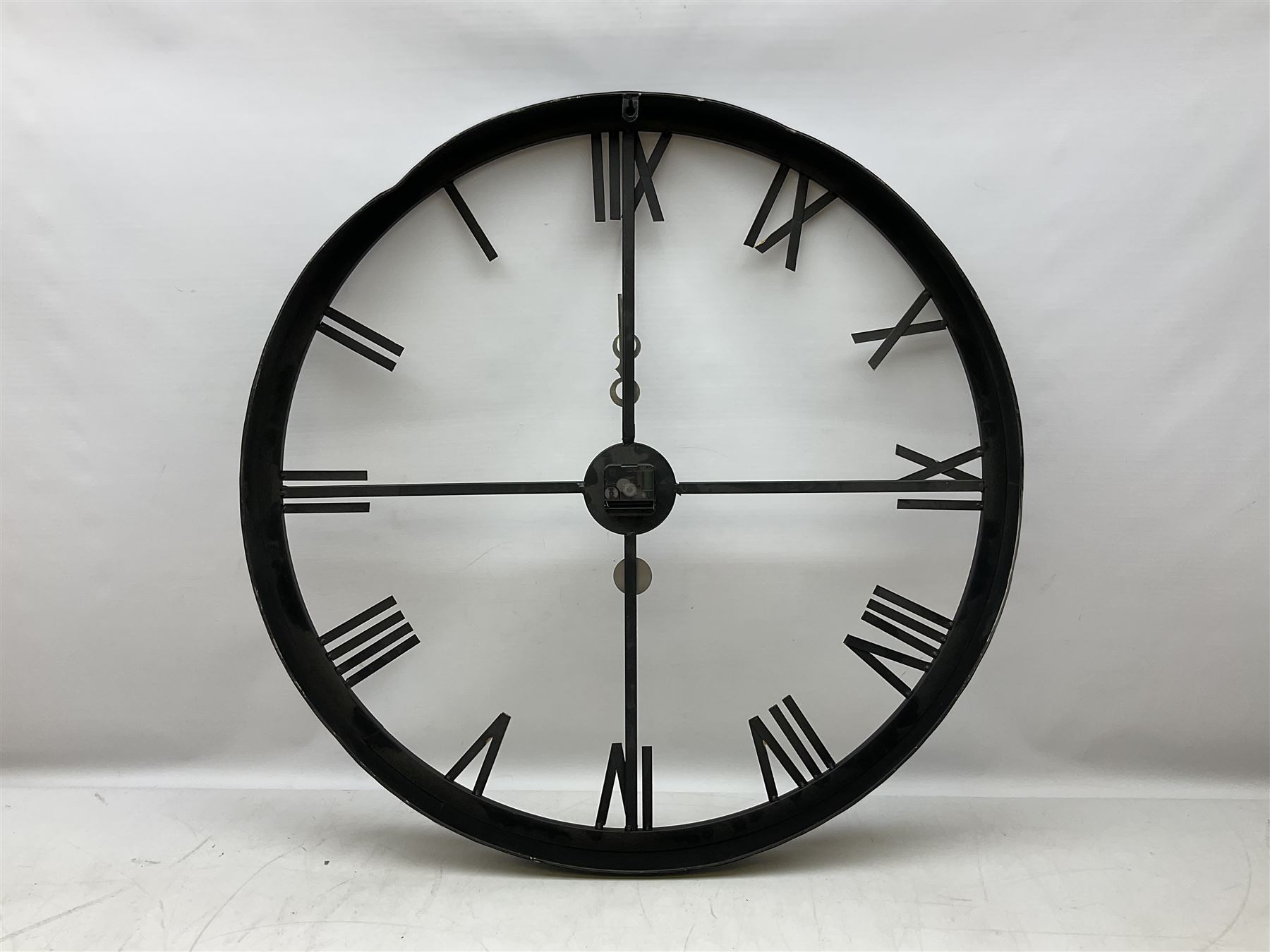 Distressed black and brushed gold metal skeleton station clock - Image 6 of 8