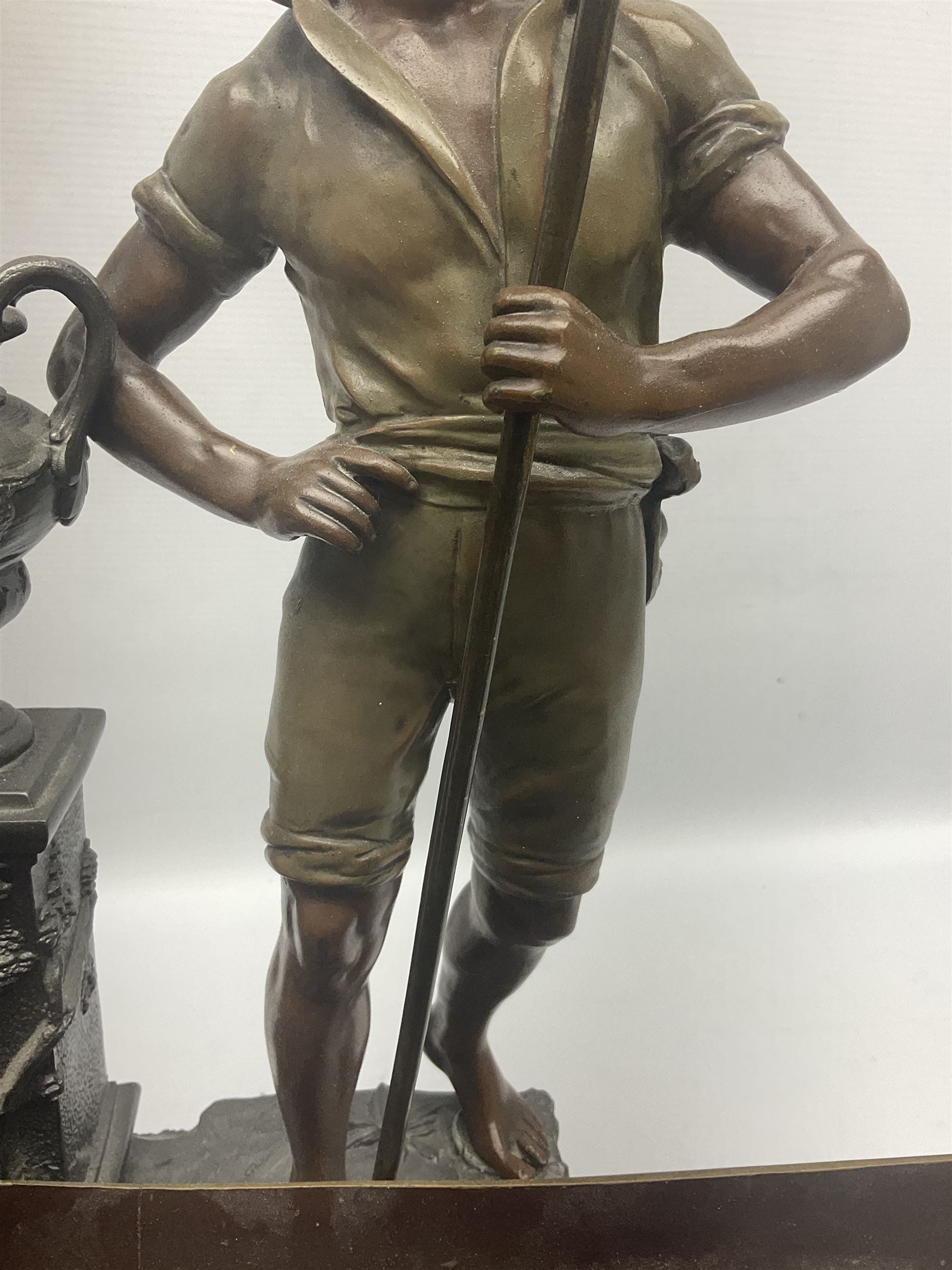 Bronzed and pewter figure group depicting a gentleman stood holding an oar behind his long boat besi - Image 8 of 16