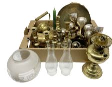 Quantity of brass ware to include pairs of candlesticks