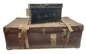 Early 20th century two-handled leather-mounted travelling trunk of large proportions and with re-enf