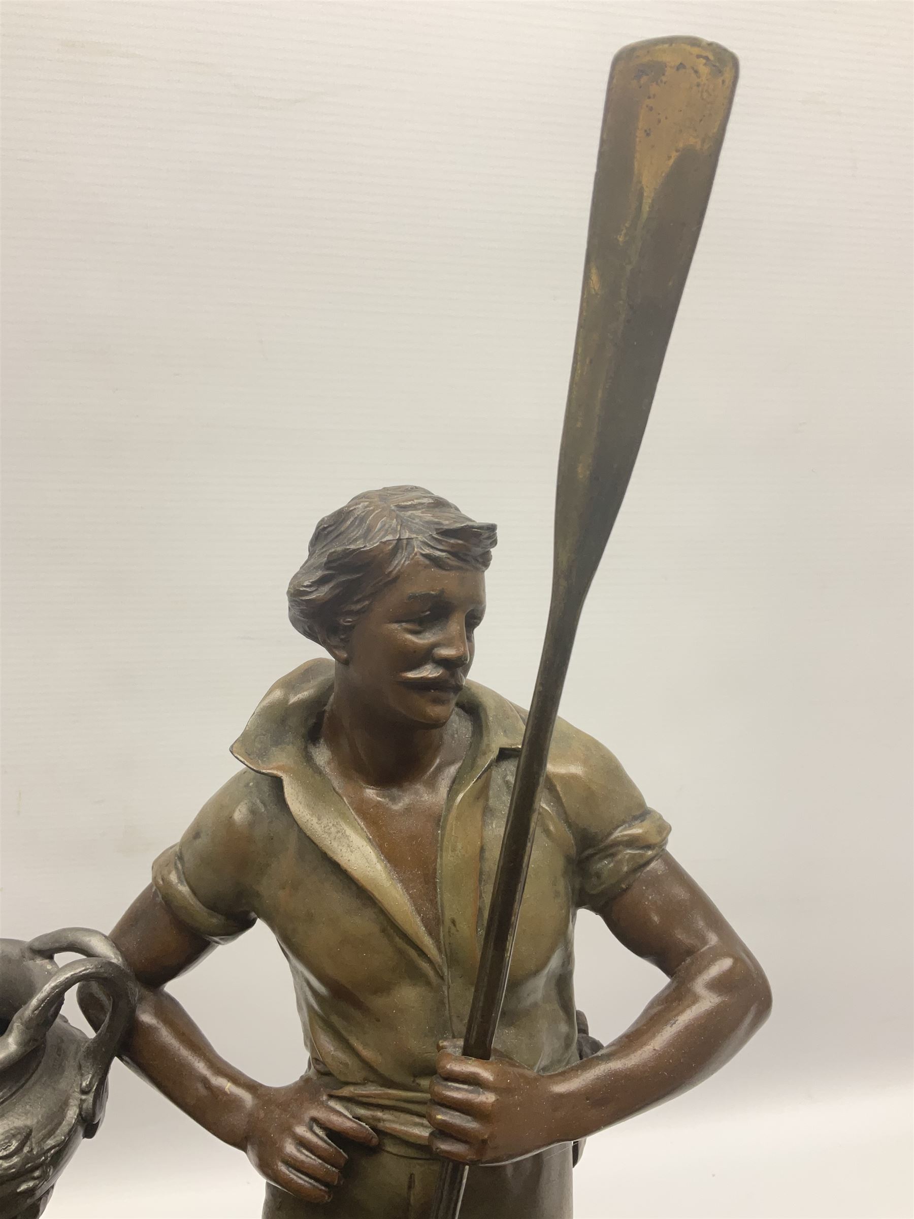 Bronzed and pewter figure group depicting a gentleman stood holding an oar behind his long boat besi - Image 7 of 16