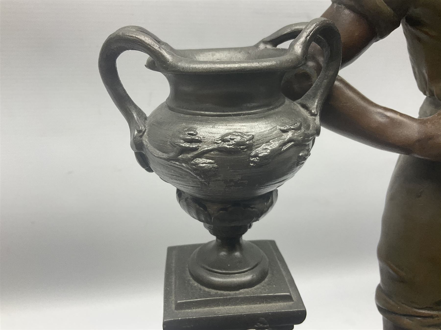 Bronzed and pewter figure group depicting a gentleman stood holding an oar behind his long boat besi - Image 9 of 16