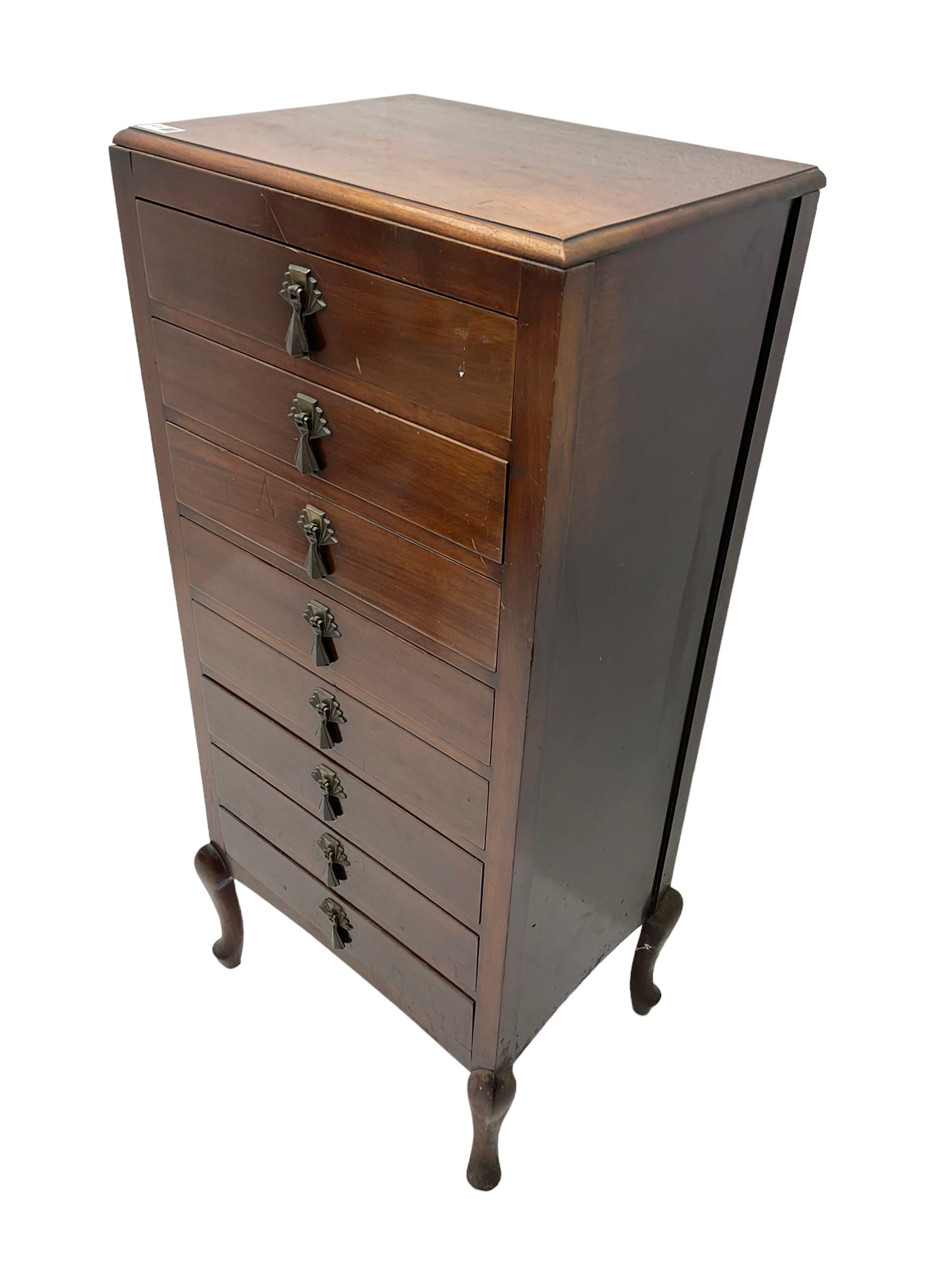 Early 20th century mahogany music cabinet fitted with eight fall front drawers with art deco design