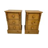 Pair of solid pine three drawer bedside chests