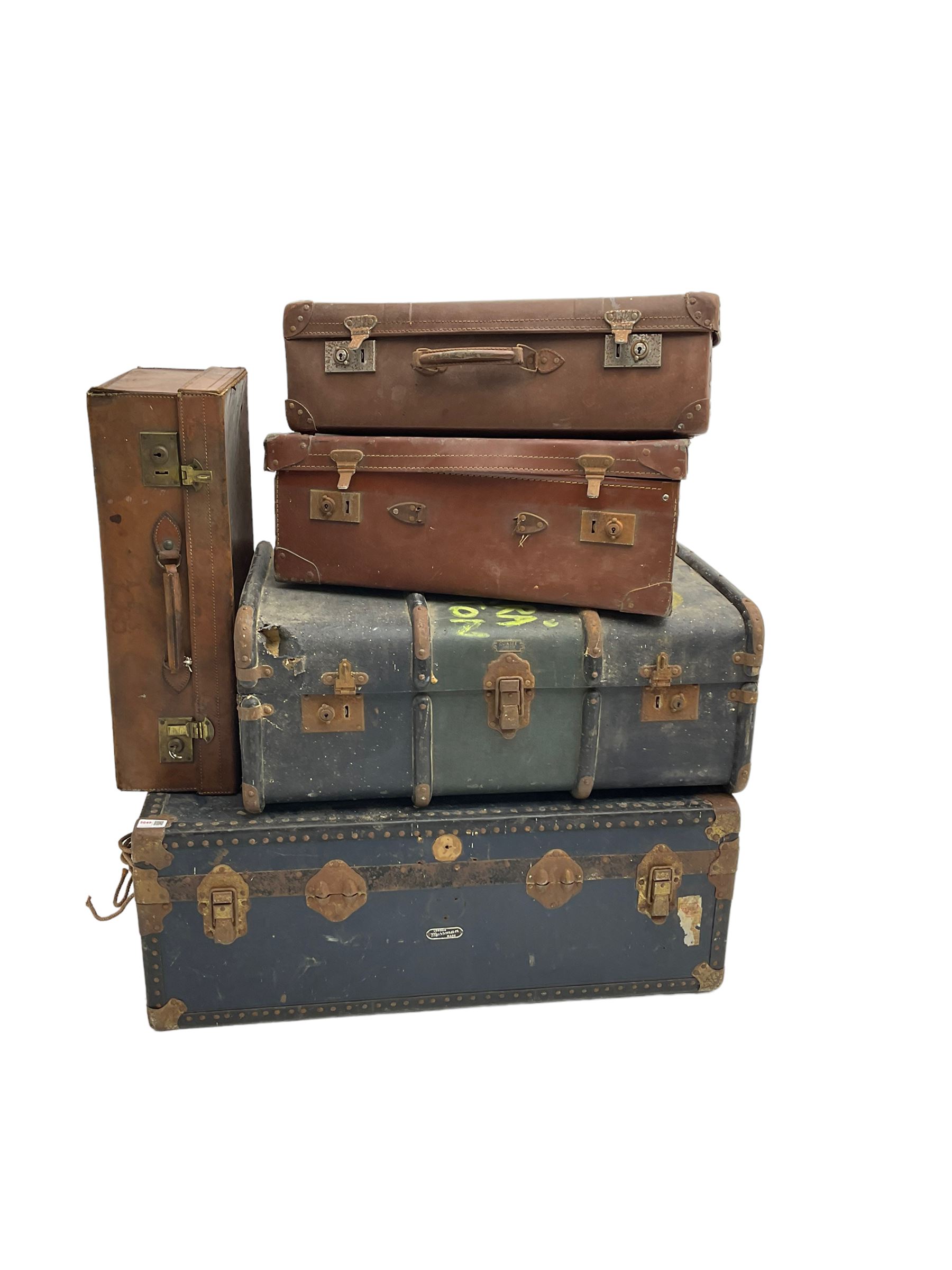 Mossman - early 20th century metal framed blue trunk together with four other travelling cases