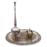 Early 20th century Chinese export silver rose water sprinkler set on tray