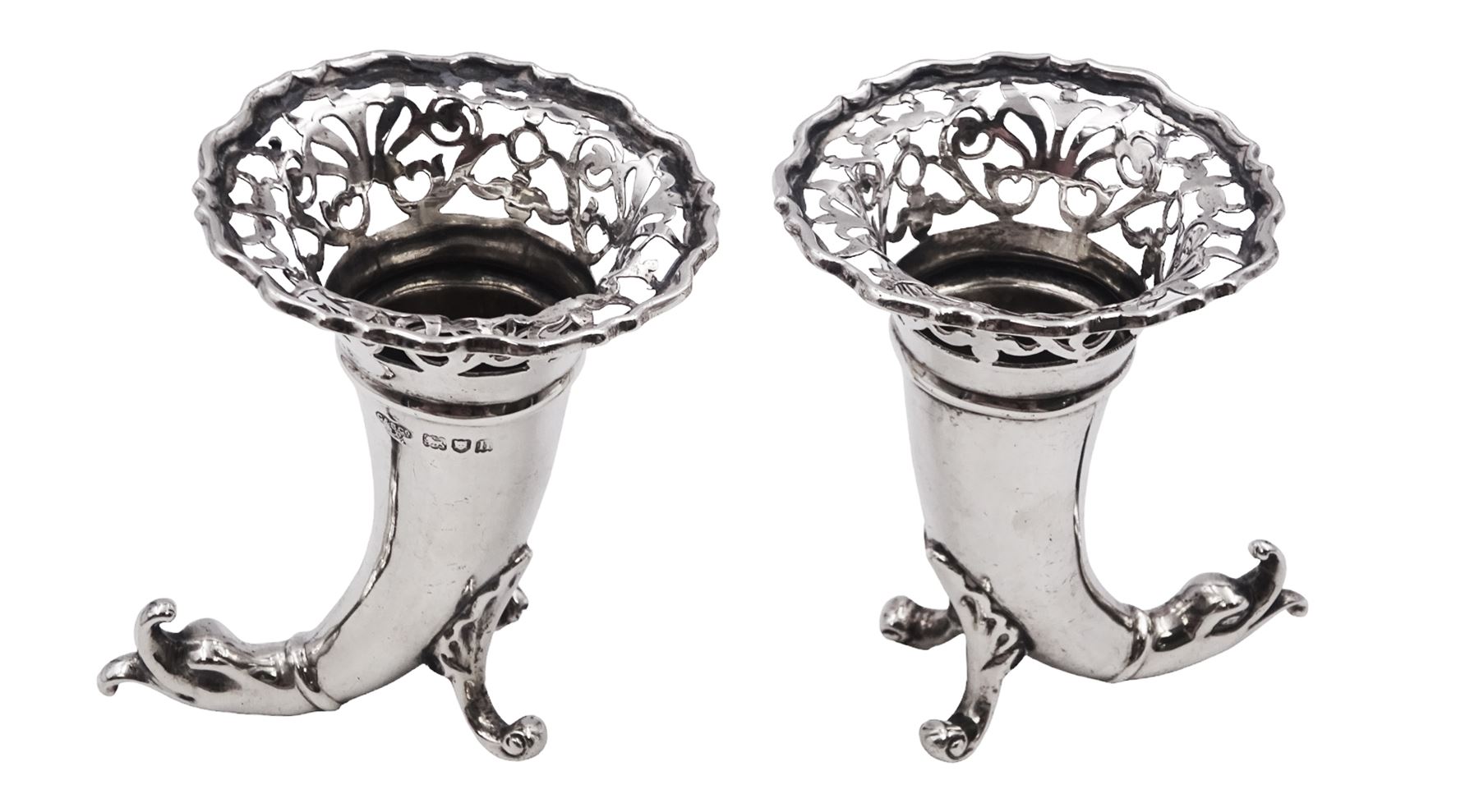 Pair of small Edwardian silver cornucopia vases - Image 3 of 4