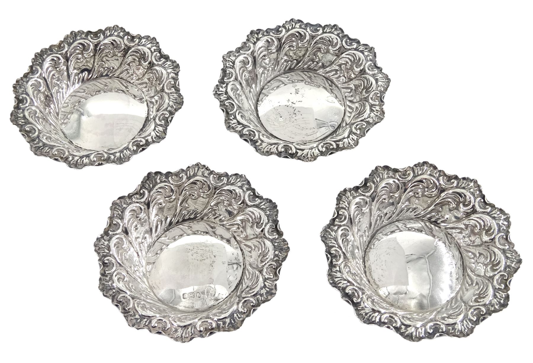 Set of four Victorian silver bon bon dishes