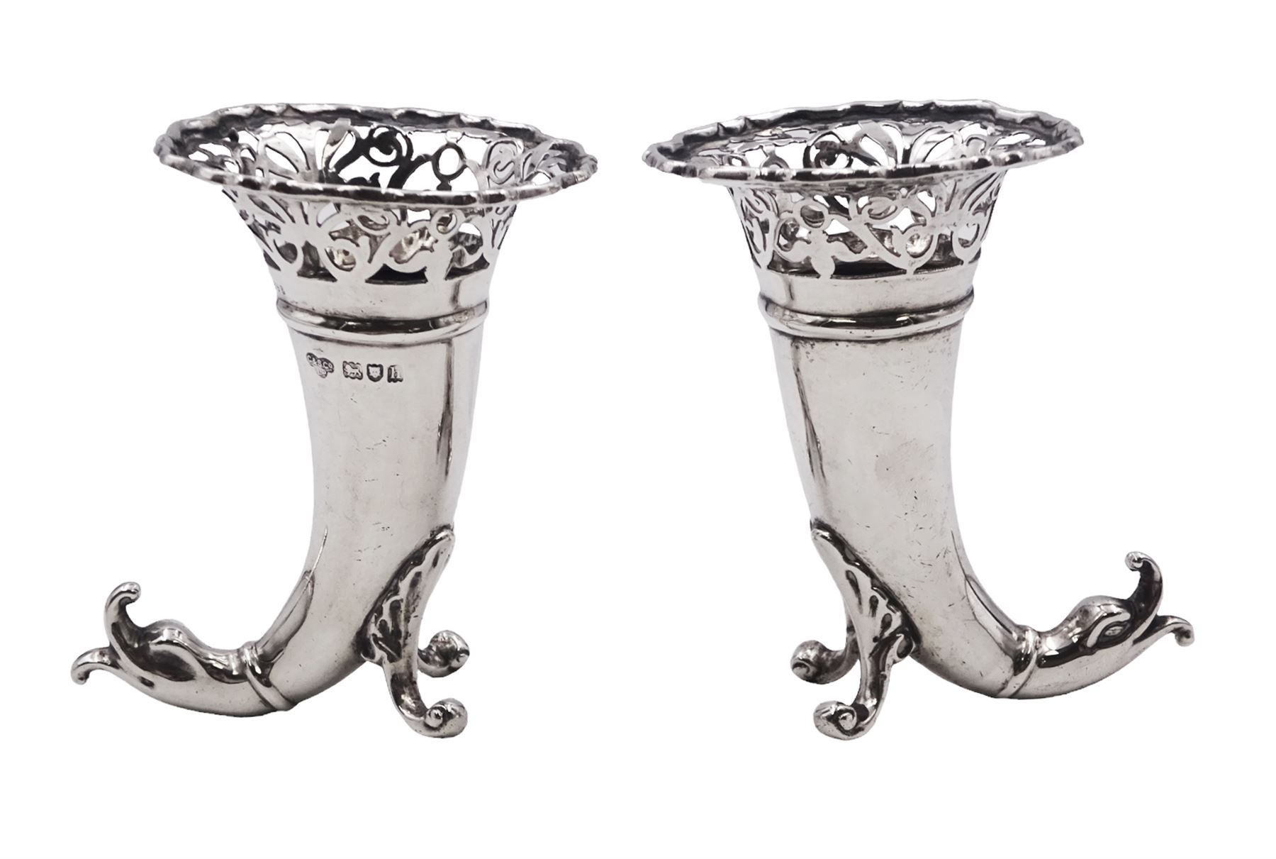 Pair of small Edwardian silver cornucopia vases